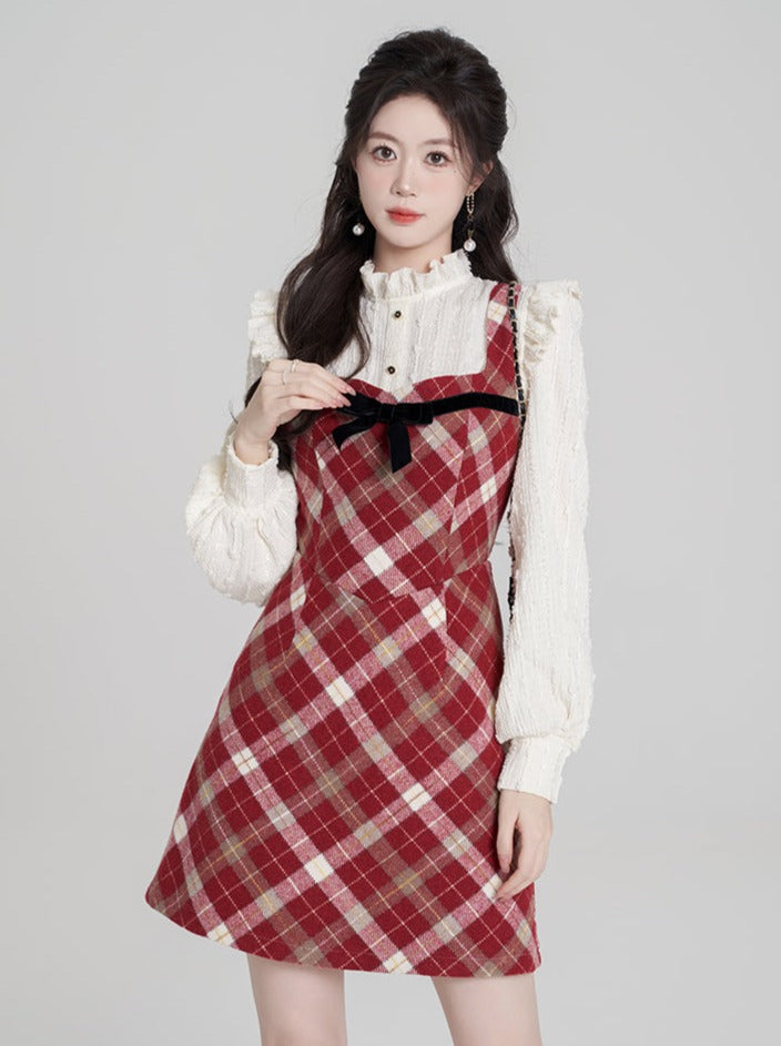 Retro French Red Check Suspender Dress + Ruffle Sleeve Blouse