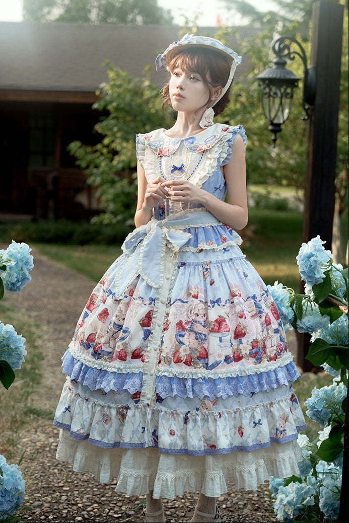 Rabbit Berry Embroidery Print Dress + Bonnet + Hat