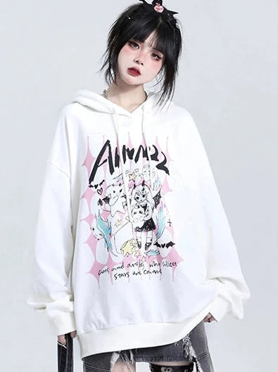 White Devil Print Oversized Hoodie Pullover