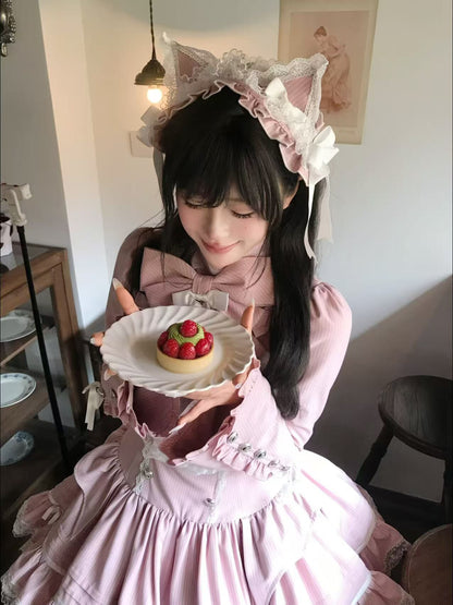 [Pre-order Deadline: April 25] Phantom Cat Sweet Ribbon Stripe Lace Bell Sleeve Lolita Dress