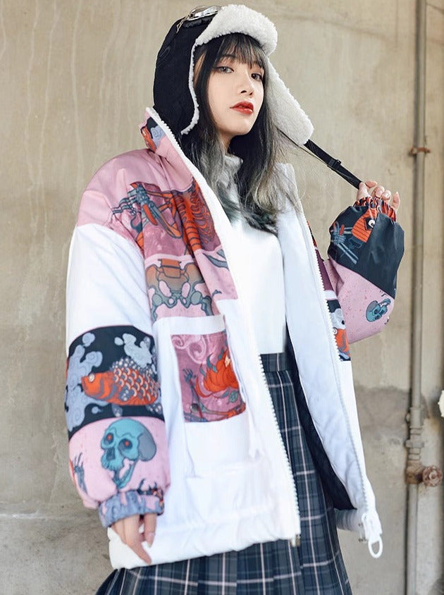 Dark Printed Stand Collar Cotton Down Jacket