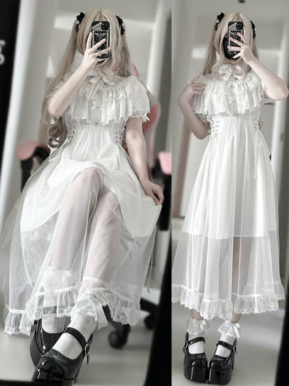Elegant Lace Cape Long Dress