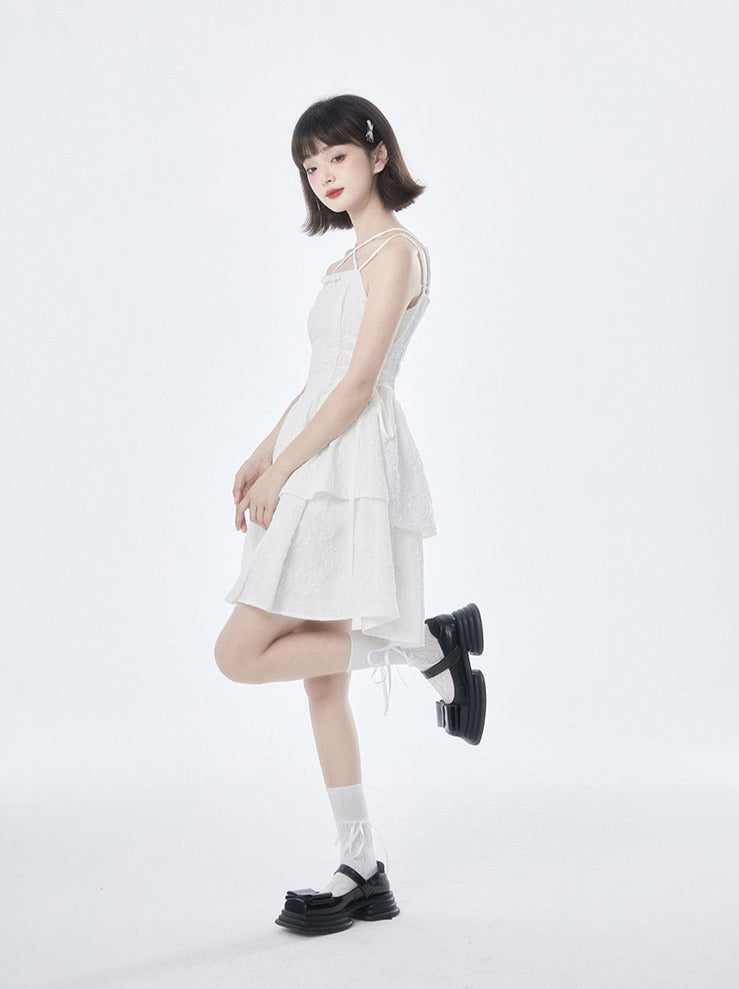 Rose Texture White Cross Suspender Tea Dress