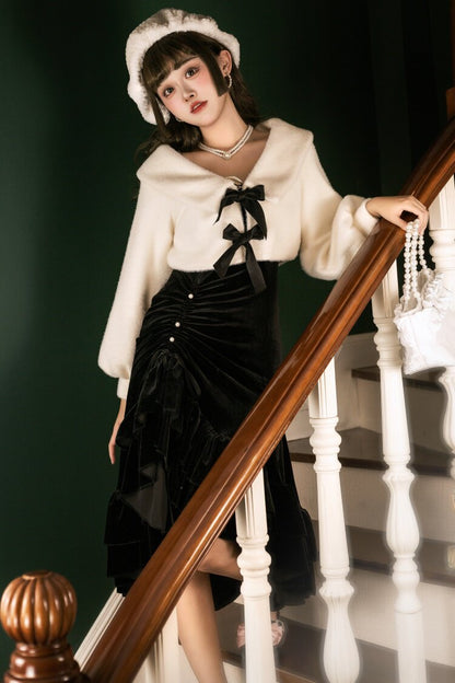 Volumenärmel-Band-Revers-Kurzjacke + Perlen-Herz-Raffung-Trägertop-Kleid