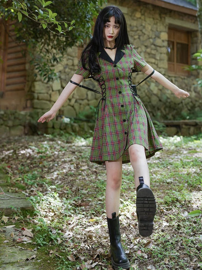 Cool green check V color lace up dress