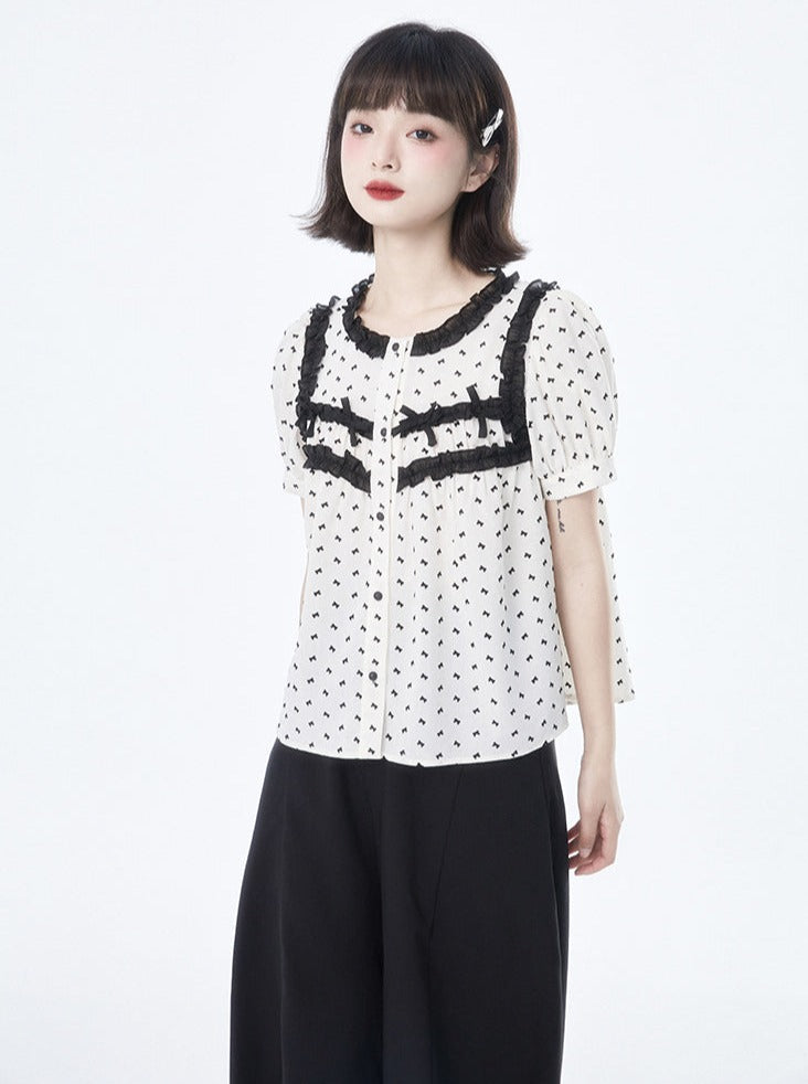 Lace color puff sleeve shirt