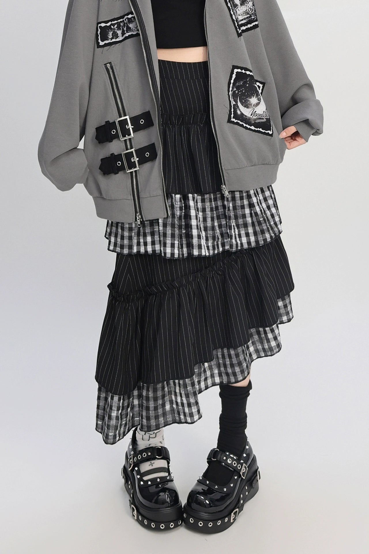 クールパッチワークアートヴィンテージストライプスカート