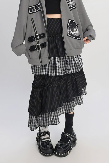 クールパッチワークアートヴィンテージストライプスカート