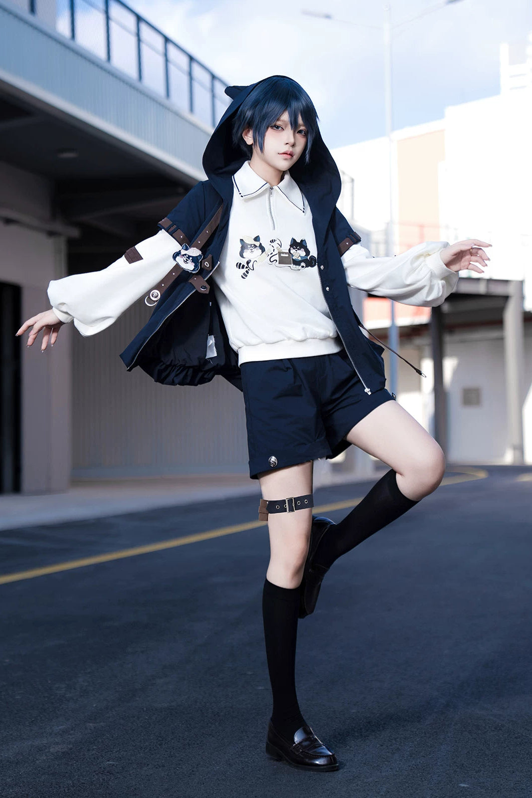 【9月25日予約締切】Prince Style Street Casual Cat Ear Hooded Short-Sleeve Jacket + Dog Print Top + Shorts with Leg Rings＋Full Set