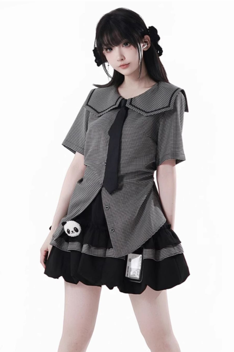 Plaid College Shirt + Shirt + Puff Skirt