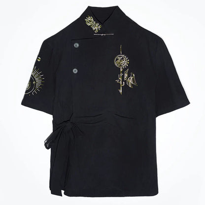 Black and Gold Oriental Ribbon Shirt + Chinese Wide-Leg Pants