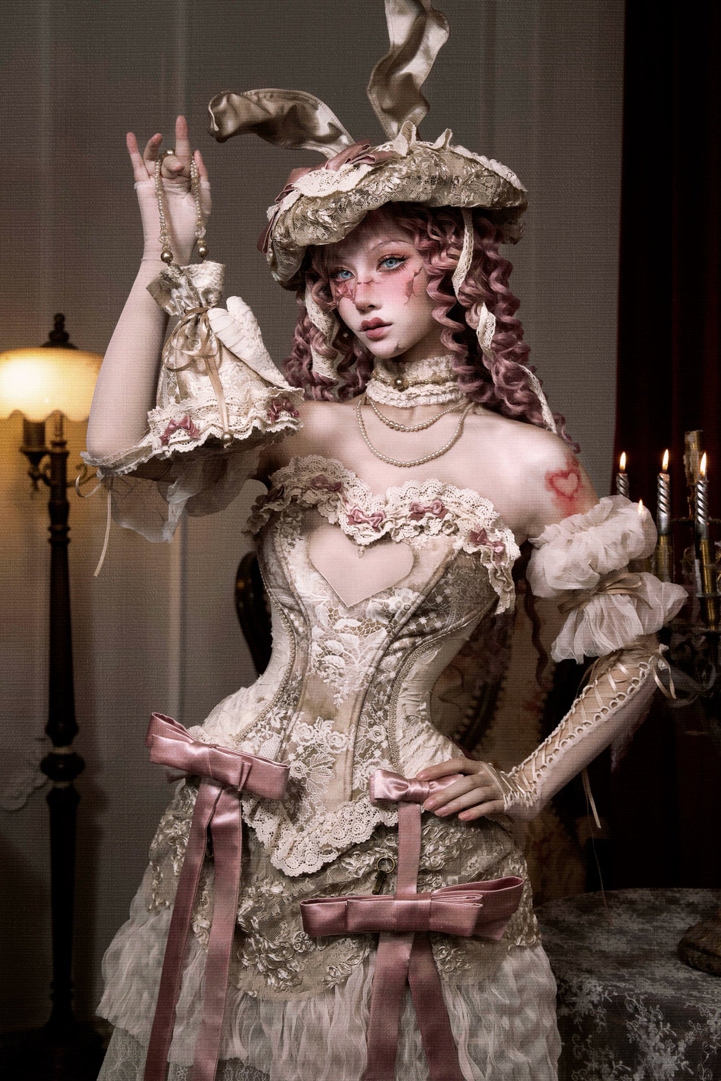 ラブフィッシュボーンコルセットロココフレンチチュニックトリムトップス＋スリーブ＋スリムリボン＋レッグカバー＋チョーカー