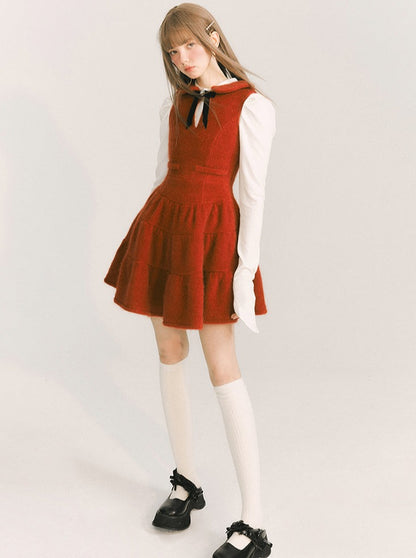 Hot Wine Wool Velvet Doll Collar Dress