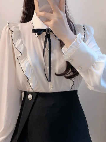 Classical button ribbon blouse
