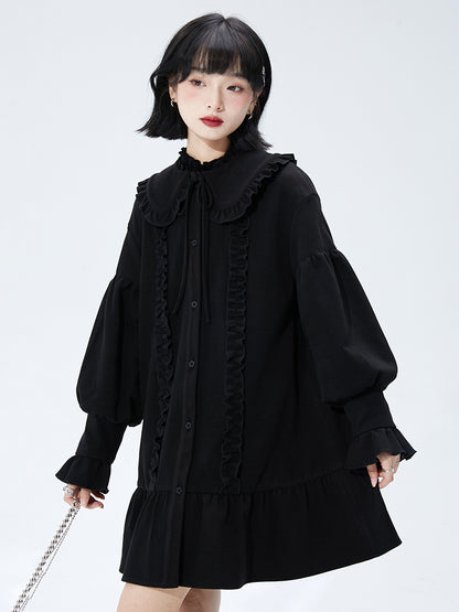 Volume sleeve ruffle dress with ruffled collar