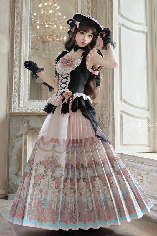 【10月10日予約締切】Black Pink Romantic Rose Castle Classic Lolita Bustier Top Castle Print Pleated Skirt Set-up + Complete Set(Rose Ribbon Lace Hat + Ribbon Hair Clip Included)