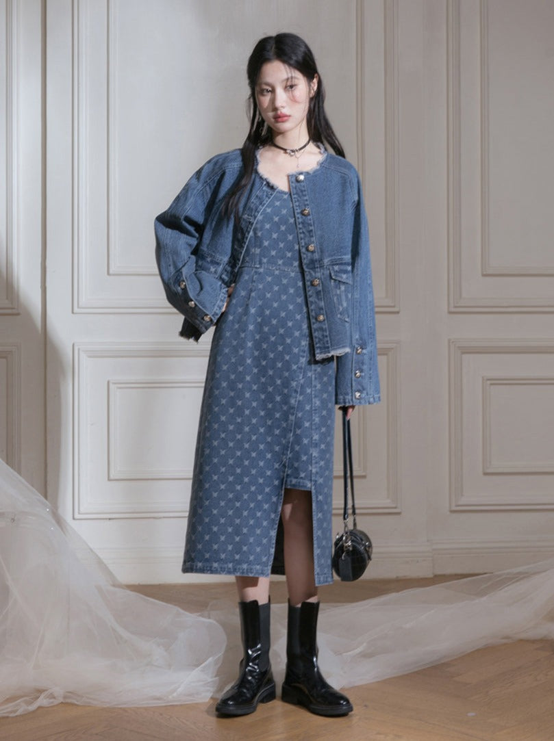 Veste de papillon bleu romantique + Denim papillon