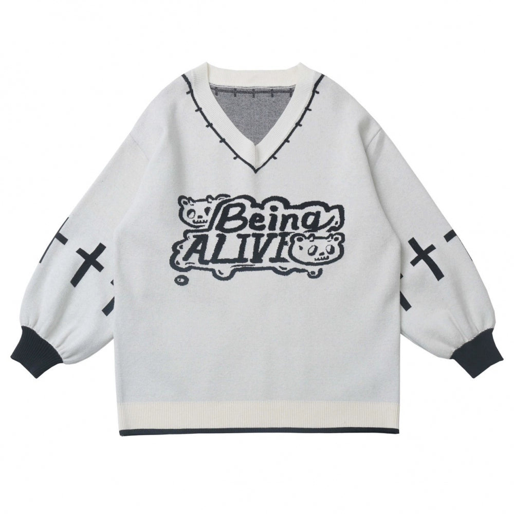 猫耳フードトップス+ルーズニットセーター+カーゴパンツ+ストラップスカート