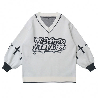 猫耳フードトップス+ルーズニットセーター+カーゴパンツ+ストラップスカート