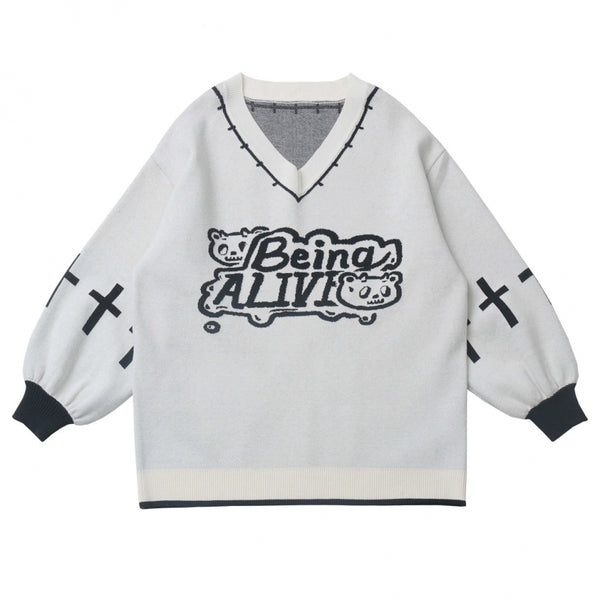 猫耳フードトップス+ルーズニットセーター+カーゴパンツ+ストラップスカート