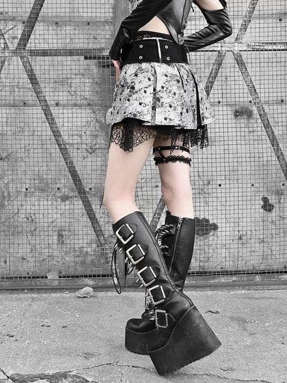 Liquid Invasion Punk PU Fishnet Pleated Goth Miniskirt Culottes