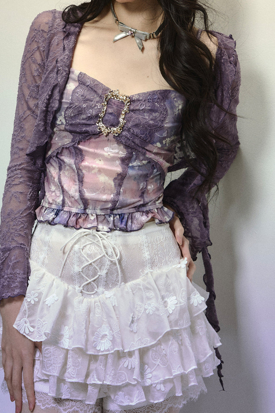 Dark purple lace cardigan + retro design tube top