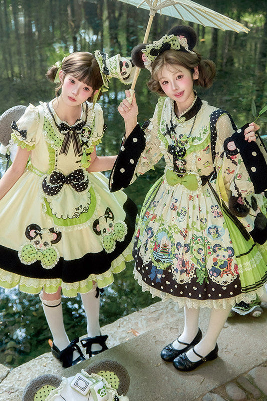 [Pre-order Deadline: October 25] Pink/Green Chinoiserie Lolita Sweet Panda Appliqué Puff Sleeve Polka Dot Bow Apron Dress