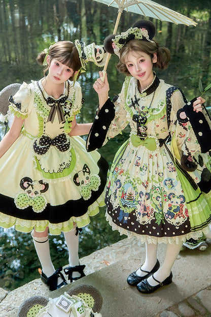 [Pre-order Deadline: October 25] Pink/Green Chinoiserie Lolita Sweet Panda Appliqué Puff Sleeve Polka Dot Bow Apron Dress