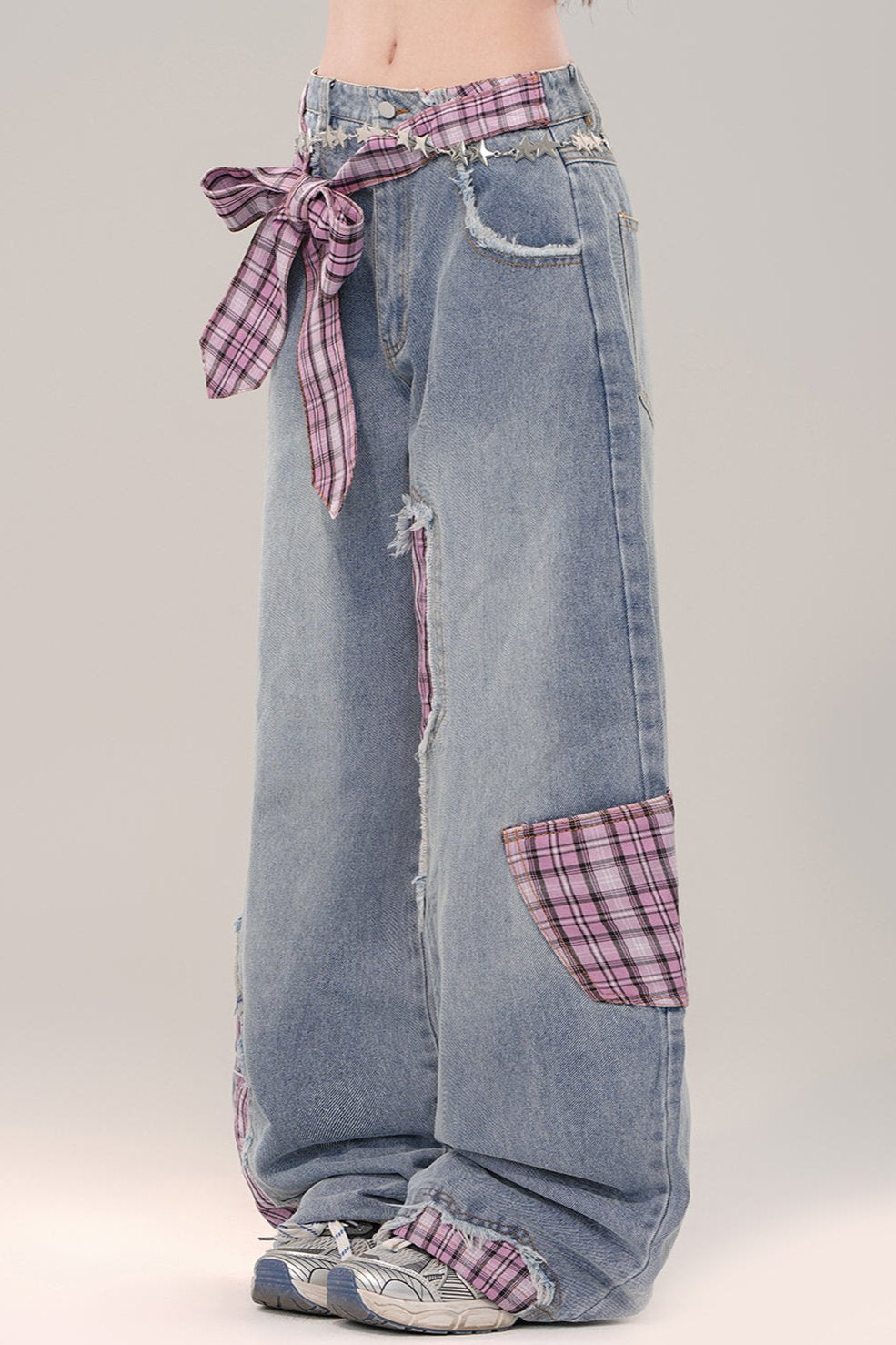 Patchwork check Wide leg jeans