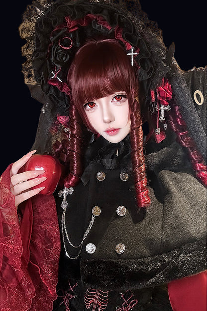 Black Mist Banquet Gothic Cross Rose Bonnet + Veil + Brooch