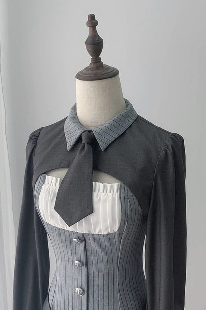 【8月30日予約締切】Gray pinstripe tie-collar long-sleeve short jacket with belt JKS dress 4-piece full set