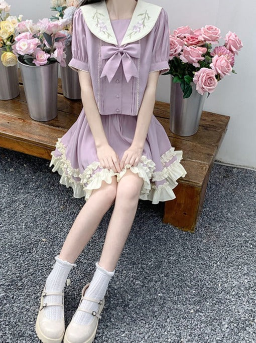 Flower sailor ribbon tops + frill skirt