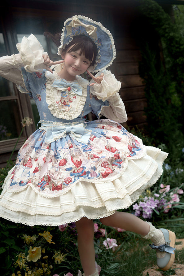 Rabbit Berry Embroidery Print Dress + Bonnet + Hat