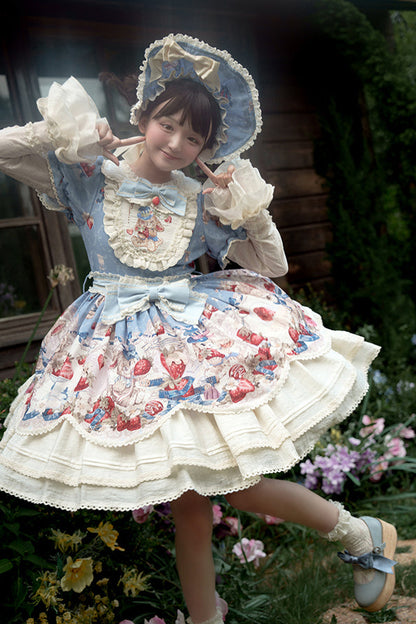 Rabbit Berry Embroidery Print Dress + Bonnet + Hat