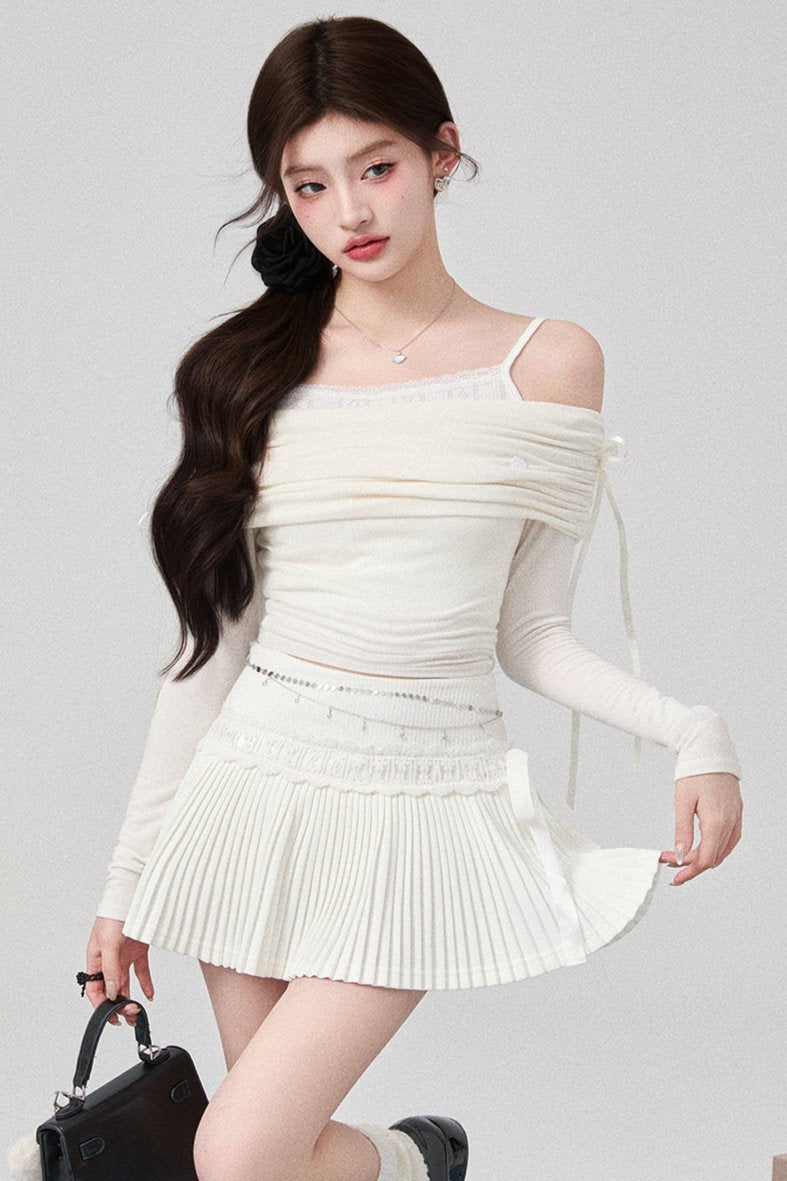 Bowan Shoulder Knit Tops + Pleated Skirt + Ribbon Cake Skirt