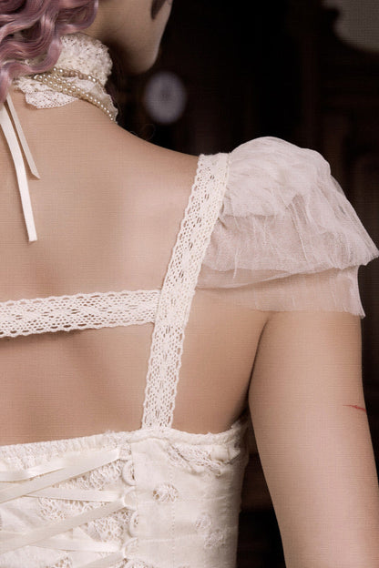 コットンラブハートリボンカットアウトレーススリップドレス