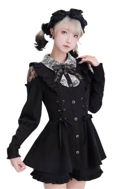 [Reserved product] Race Shear Shoulder Frill Ribbon Design Suit