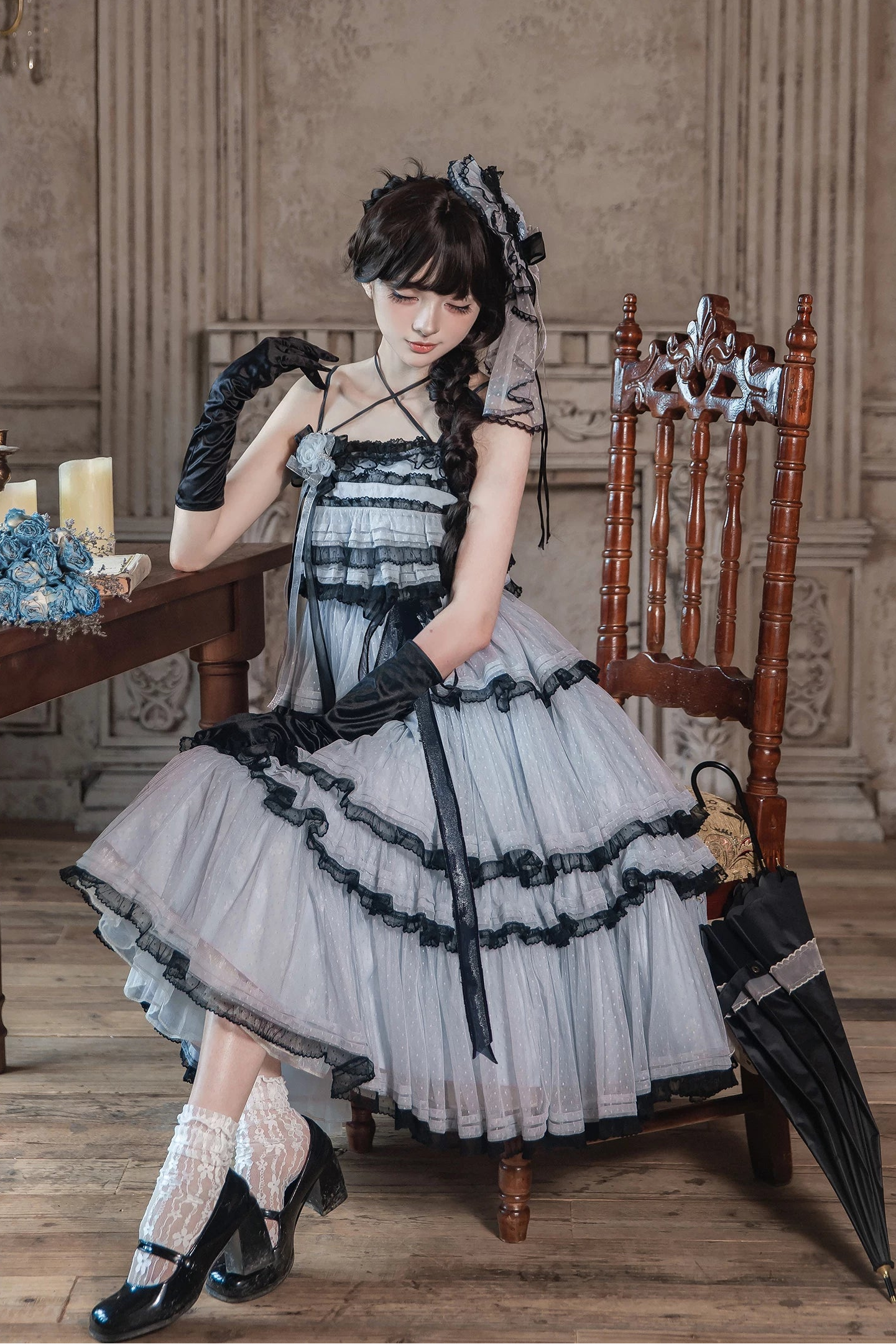 【8月13日予約締切】ダスティーブルー×ブラックティアードチュールレースクラシカルロリータ×ゴシックストラップドレス（ショート・ロング）