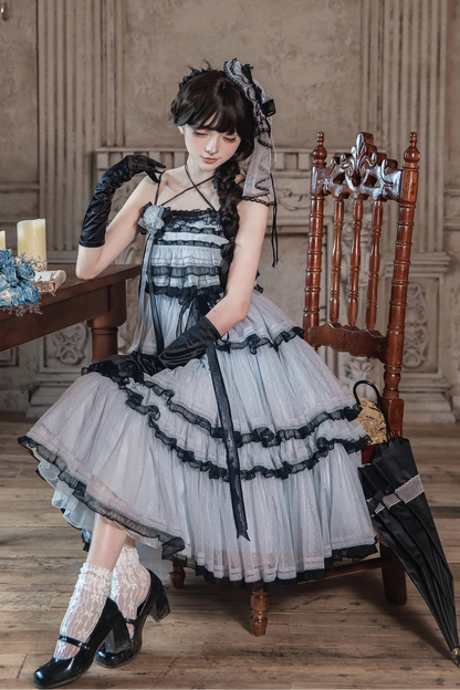 【8月13日予約締切】ダスティーブルー×ブラッククラシカルロリータ×ゴシックシリーズアクセサリー（ヘアバンドボンネット・フラワーリボンブローチ・フラットハットベール）