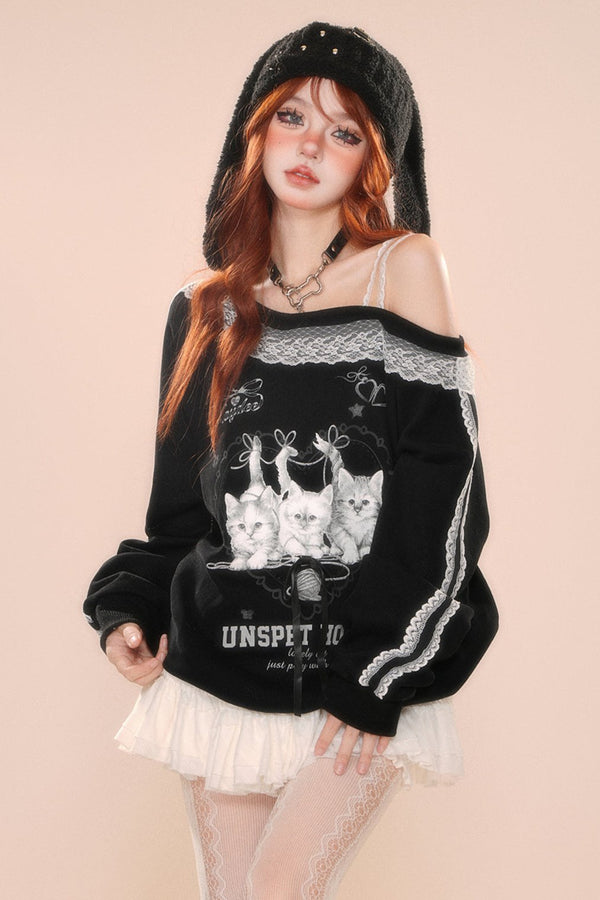 レースオフショルルーズスウェット