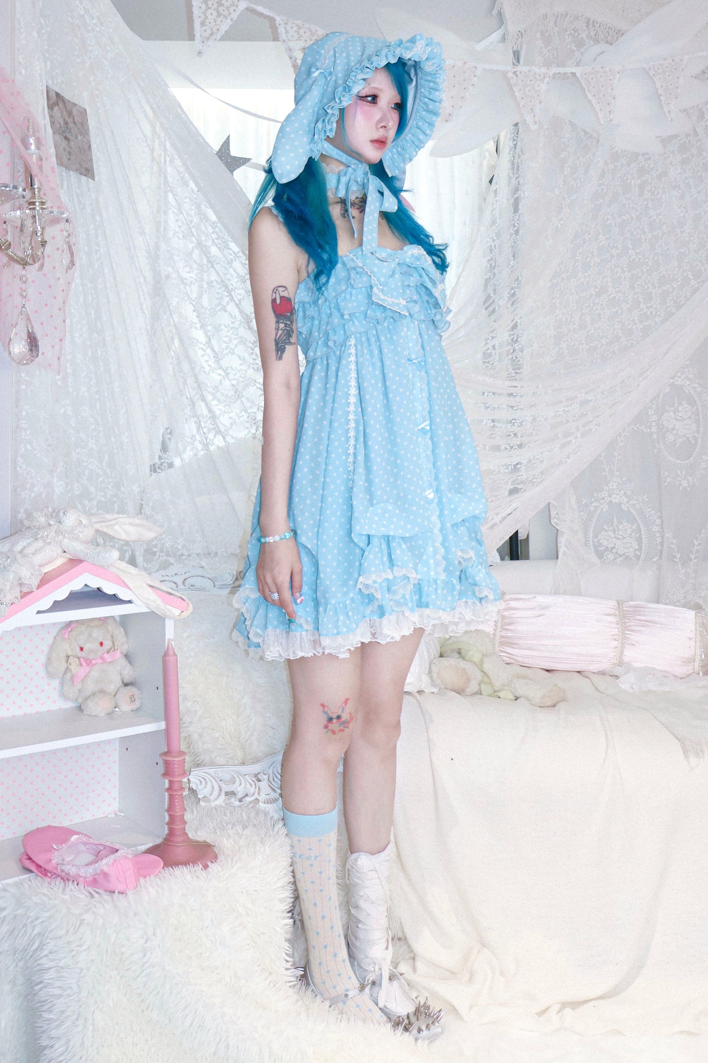 Dot design rabbit ear bonnet