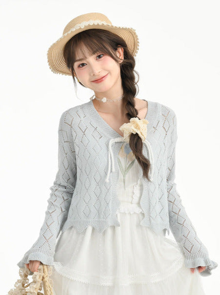 Fairy style openwork knit cardigan + camisole top + long cake skirt