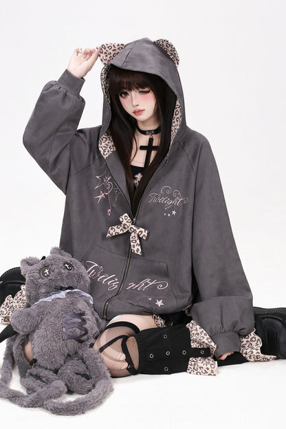 Leopard Musical Note Embroidery Hooded Jacket