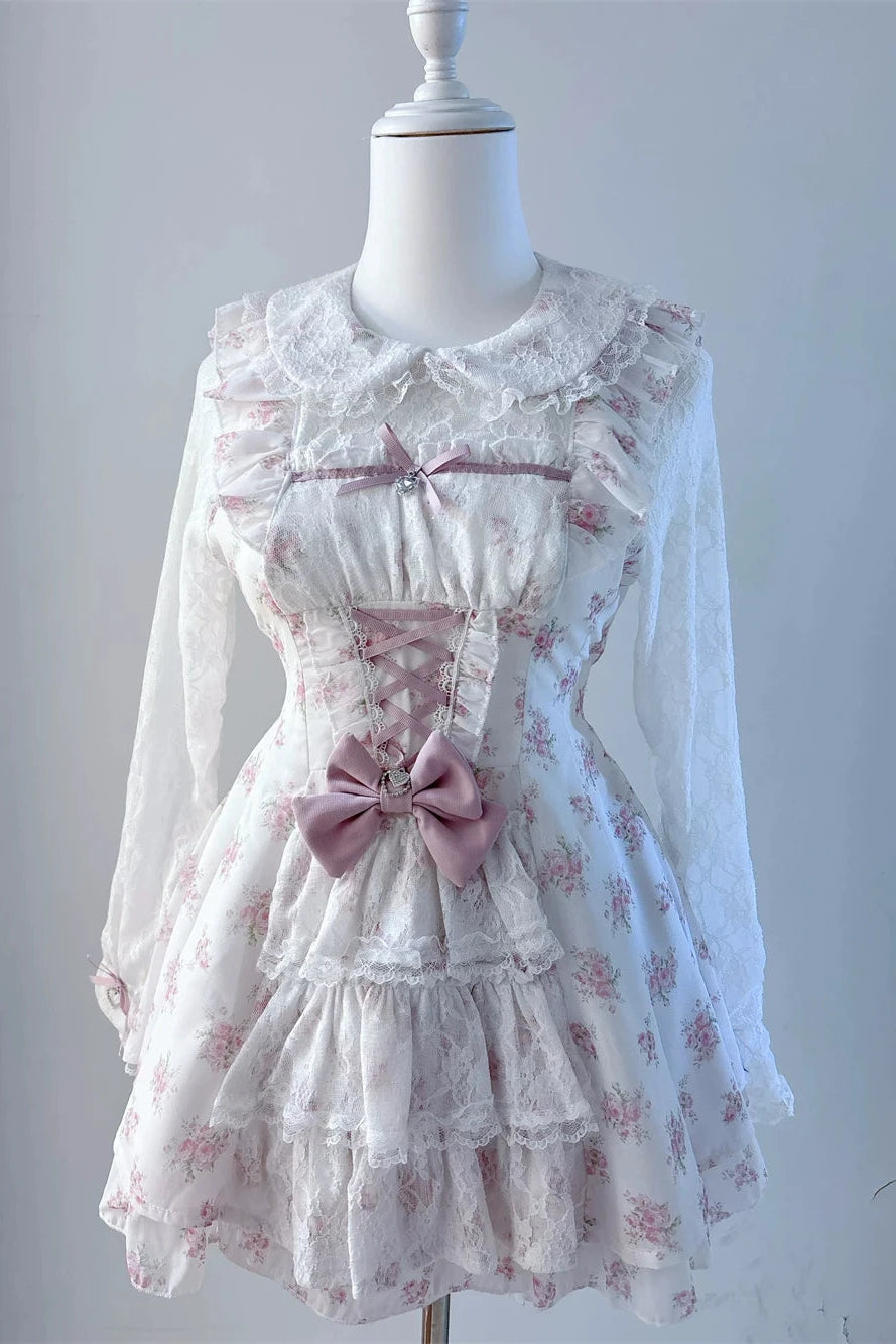 【10月28日予約締切】Pink/White/Black/White 4-Piece Set: Floral Tiered Lace Long-Sleeve Dress + Shorts + Pair of Ribbon Hair Clips + Bow Tie