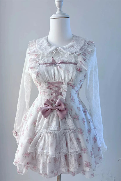 【10月28日予約締切】Pink/White/Black/White 4-Piece Set: Floral Tiered Lace Long-Sleeve Dress + Shorts + Pair of Ribbon Hair Clips + Bow Tie