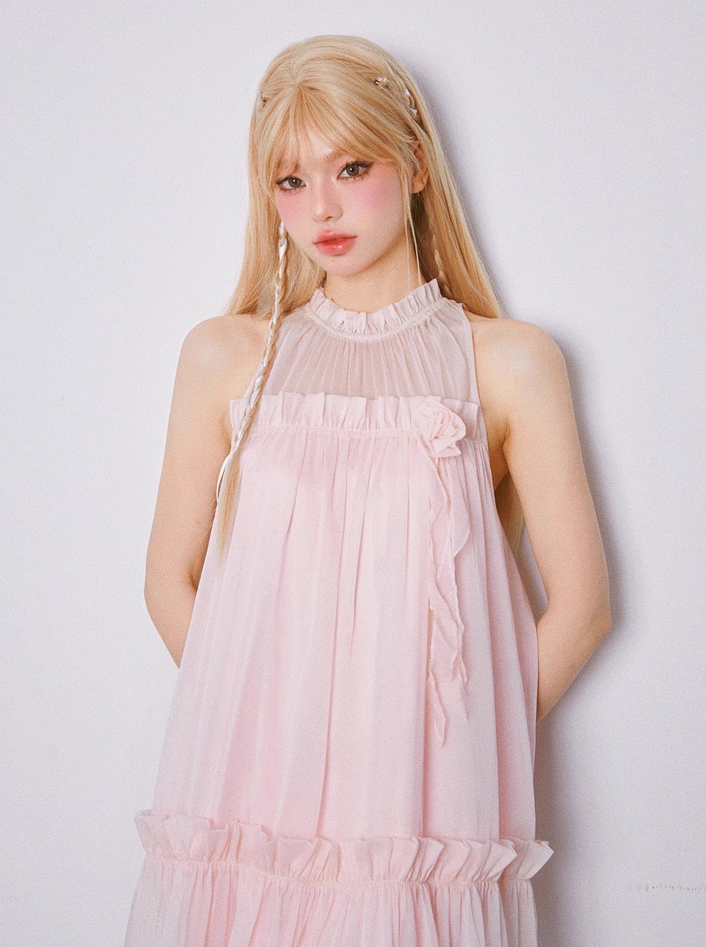 Music Box Peach Pleated Babydoll Sleeveless Dress