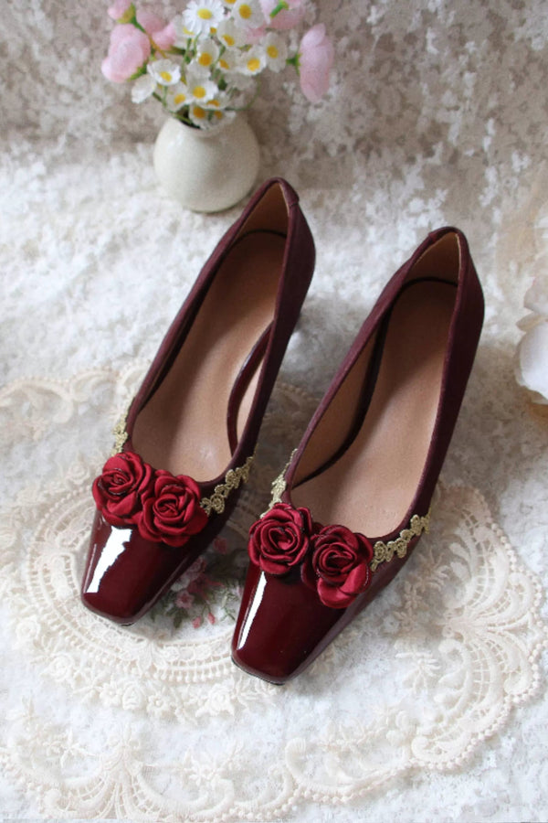 Retro square toe French leather stitched flat heels