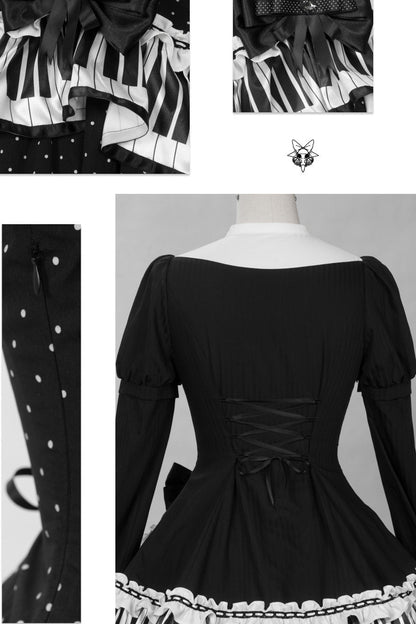 [Reservierungsschluss 22. Oktober] Schwarz gepunktetes Gothic-Lolita-Rüschenkleid mit asymmetrischem Design, Klaviertasten- und Musiknotenmotiv sowie Klaviertasten-Spitzenfliege