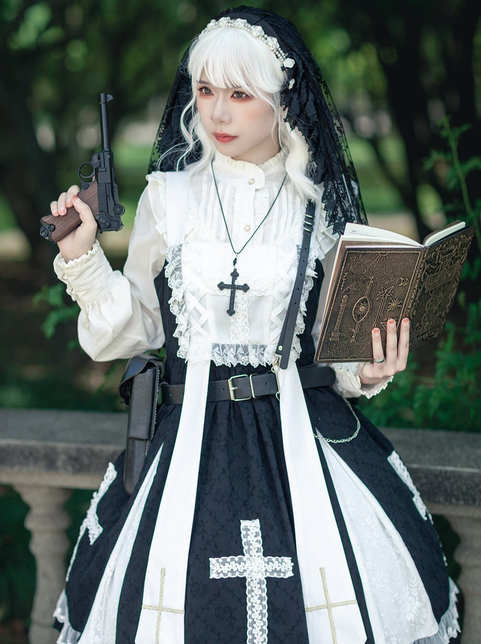 Cross Elegant Lolita Dress + Short Jacket + Hairband + Veil + Collar