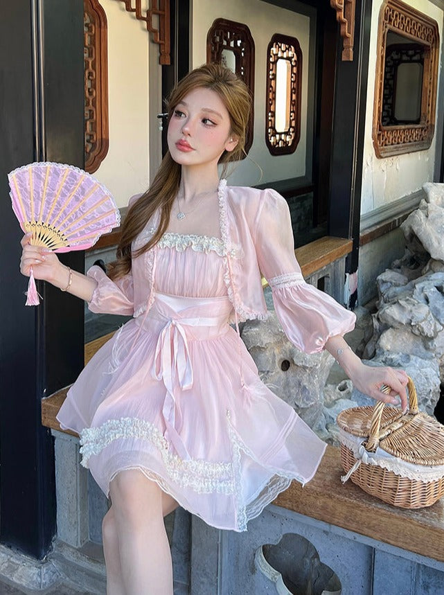 Girly Chinese-Style Sheer Short Cardigan + Waist Ribbon Dress Belchic Girly Chinese-Style Sheer Short Cardigan + Waist Ribbon Dress Belchic